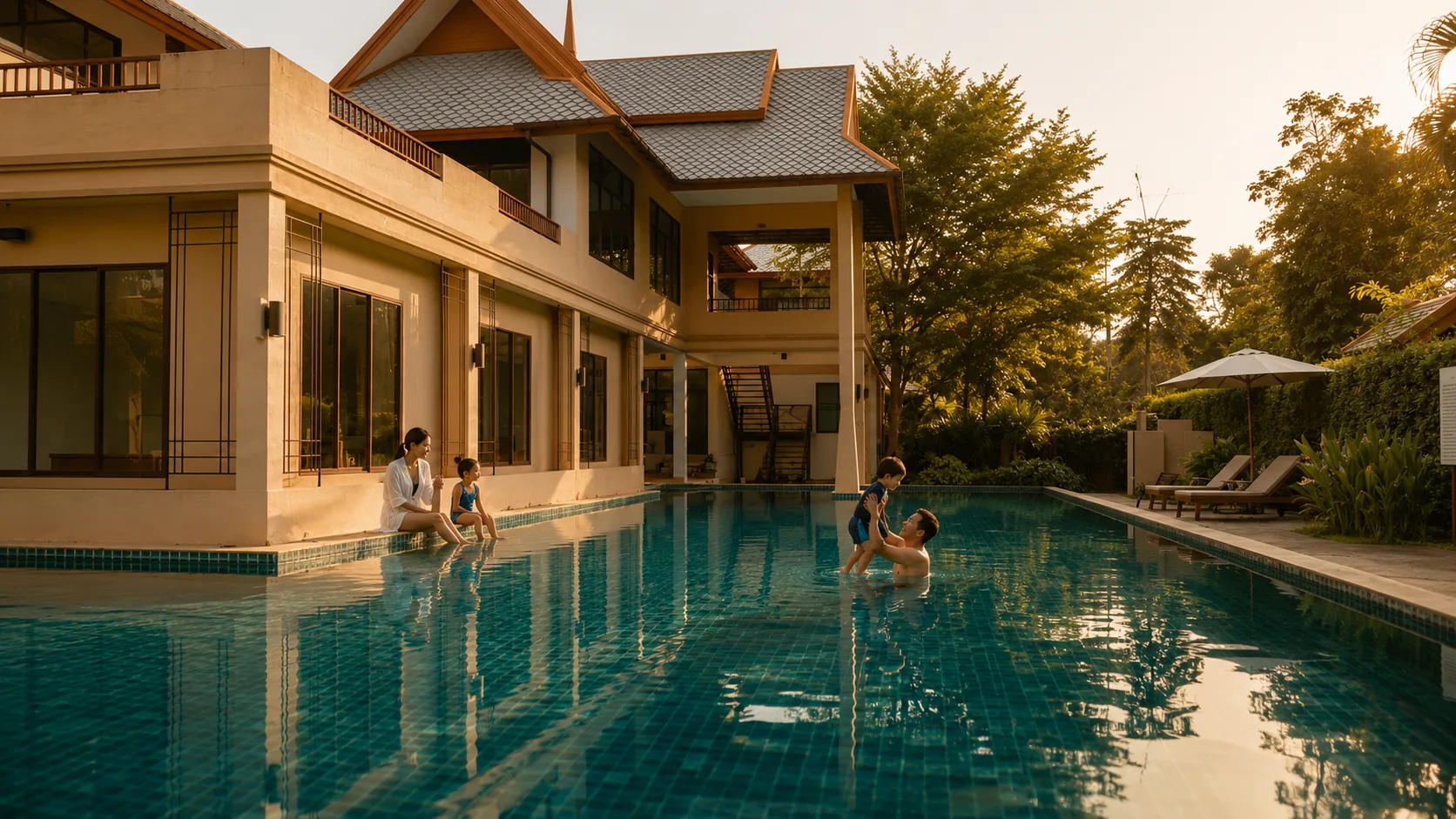 Family playing in the community pool