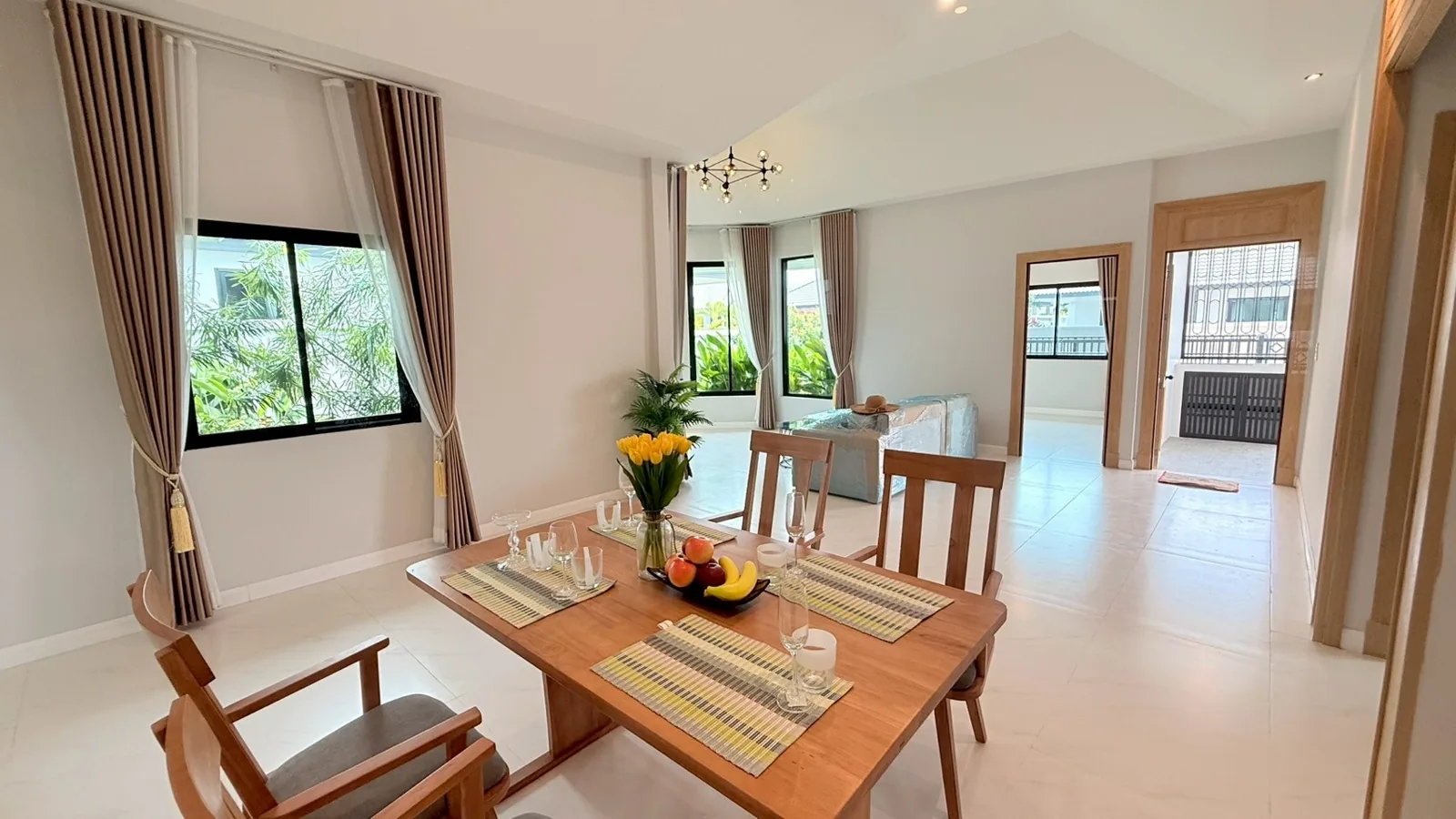 The finished, light-filled interior of a completed home