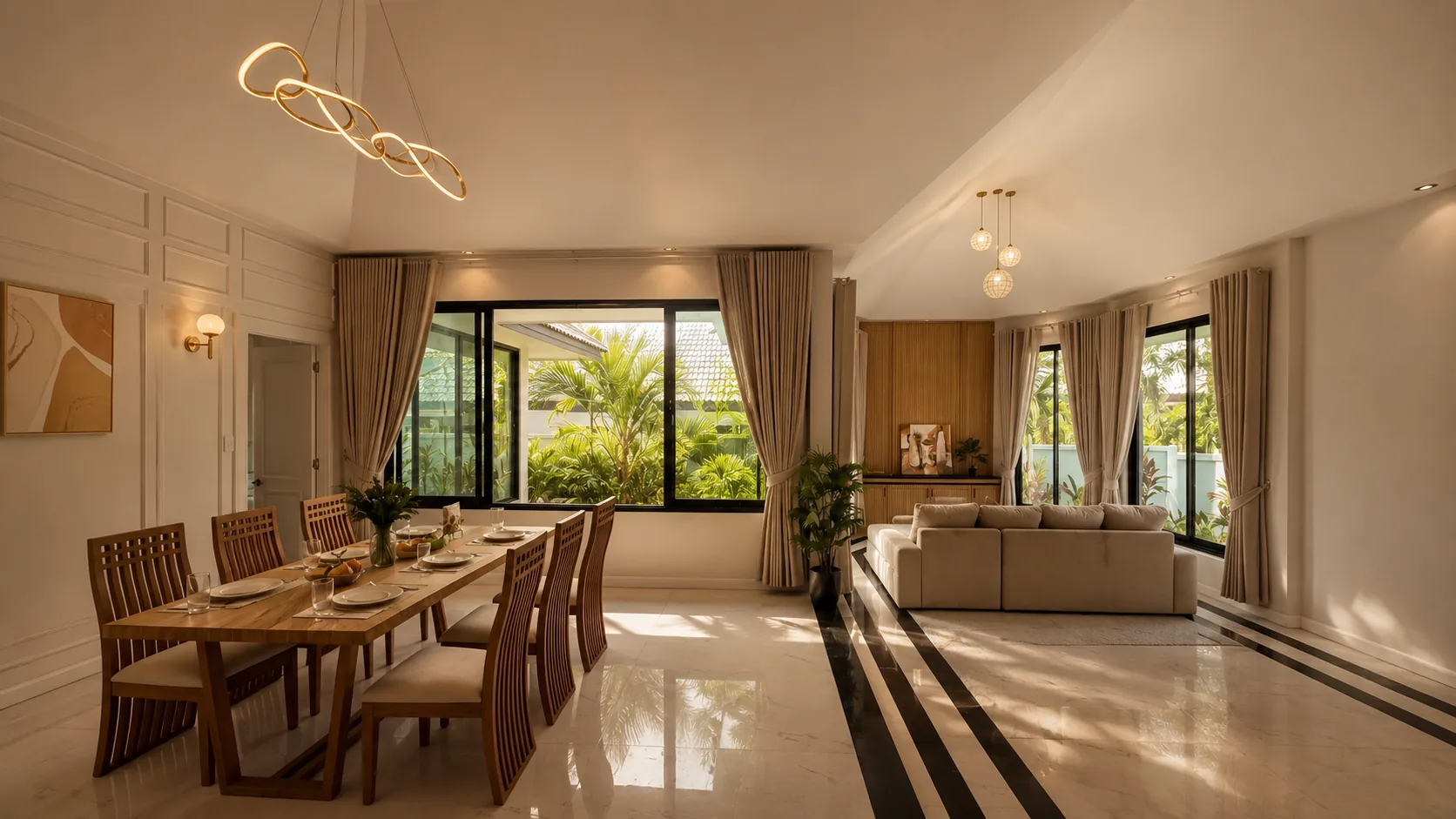 A light-filled living and dining space at Nibbana Shade