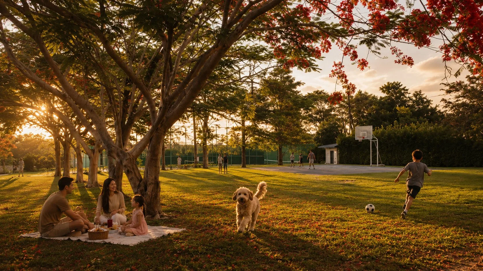 A family enjoying a picnic in the green parkland at sunset
