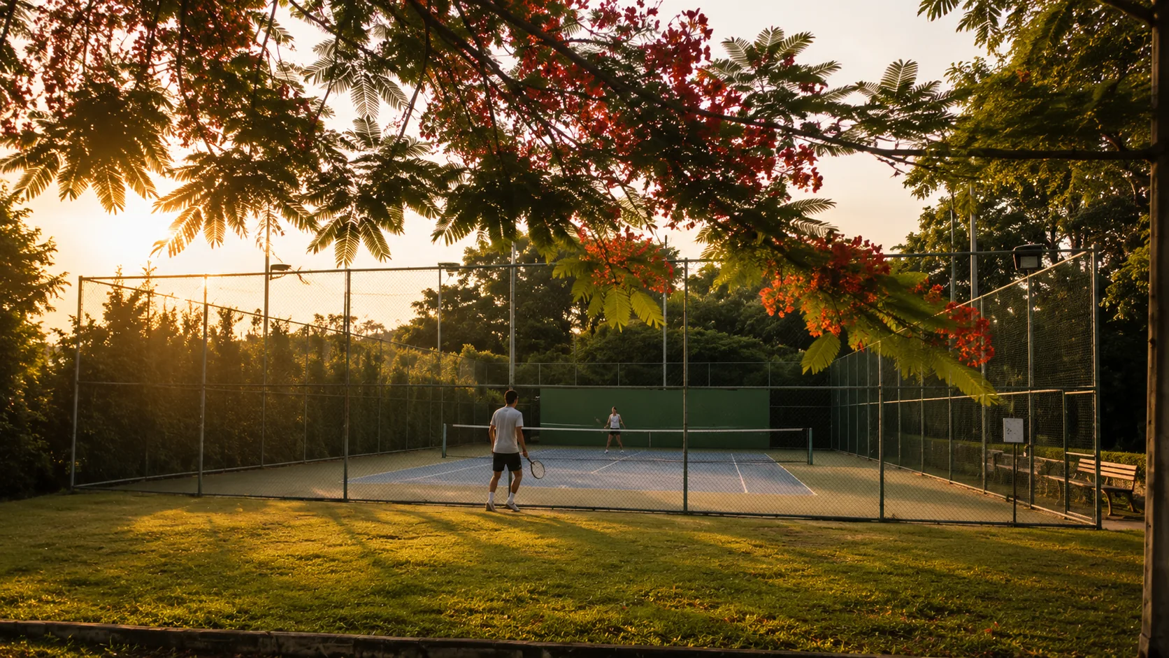 Evening tennis under the flame trees